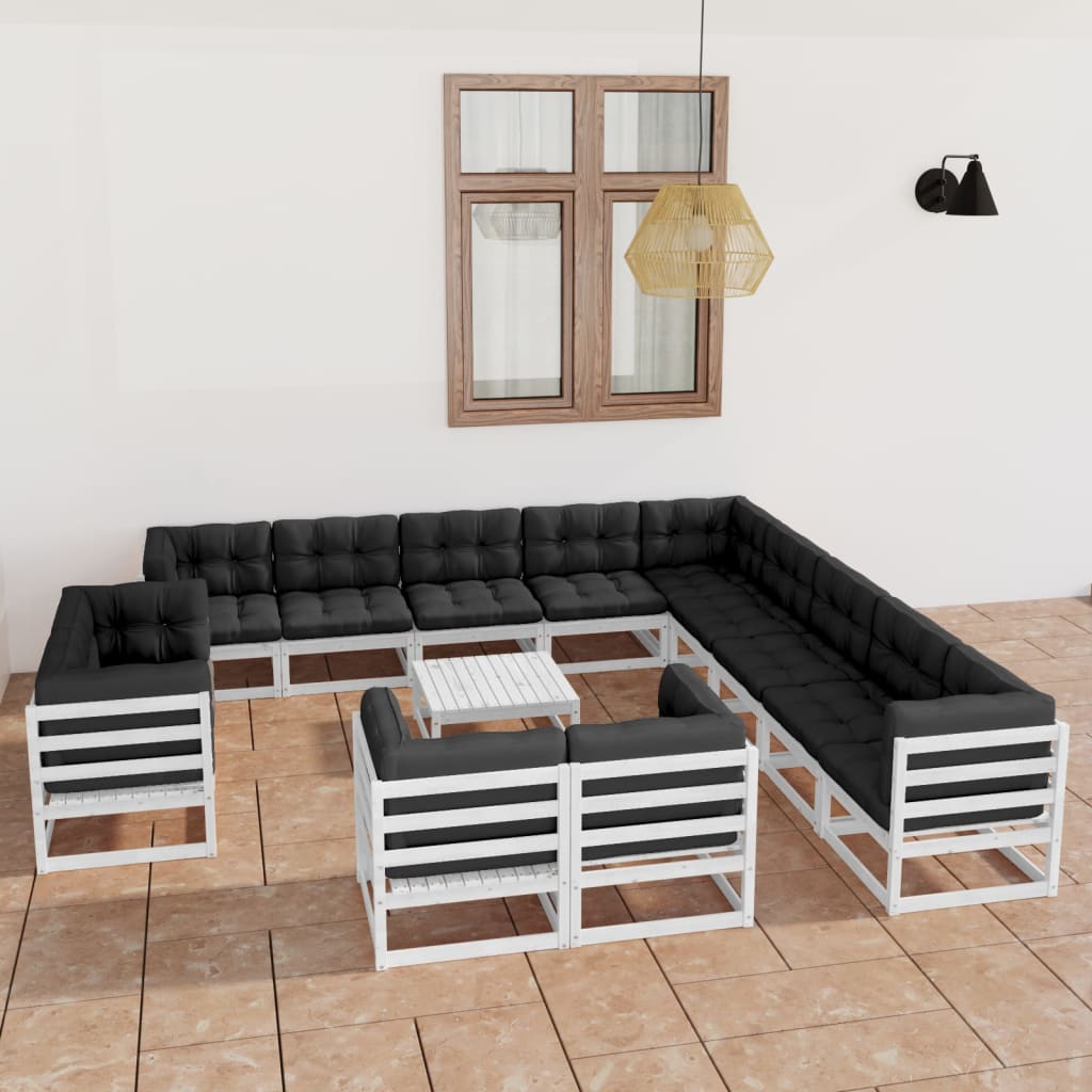14-tlg. Garten-Lounge-Set mit Kissen Weiss Kiefer Massivholz